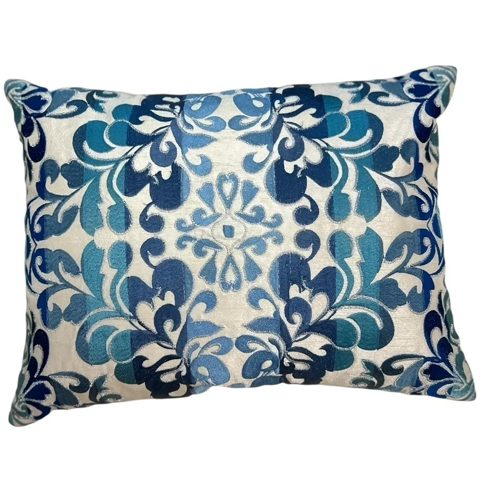 Kim Seybert Living Throw Pillow Embroidered Blue Silver 12” x 16” Down Insert